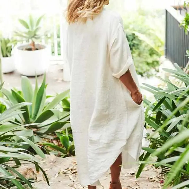 everyday linen dress Malle Raw Edge European Linen Dress in OFF WHITE